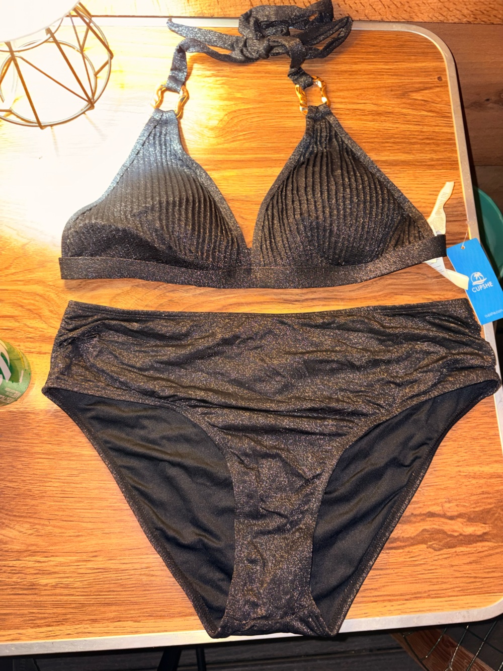 Cupshe Metallic Black Halter Bralette & High Waist Bikini
